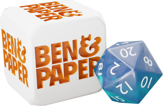 Ben&Paper Logo mit zwei Würfeln. Ein weißer sechsseitiger mit dem Logo und eingrüner zwanzigseitiger.